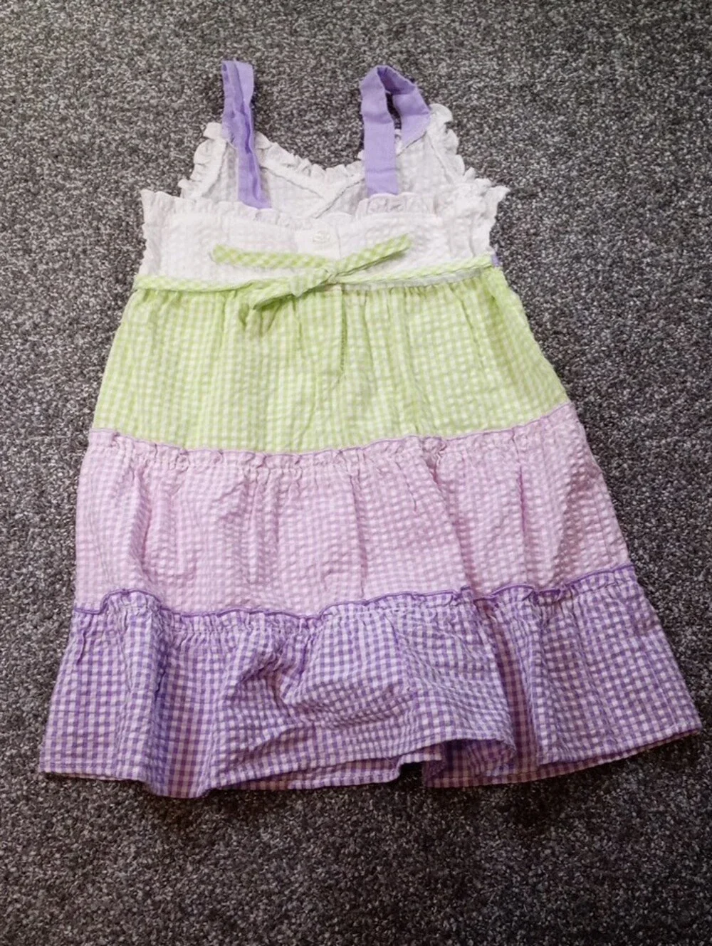 Youngland Purple and Green Butterfly Tiered Seersucker Dress